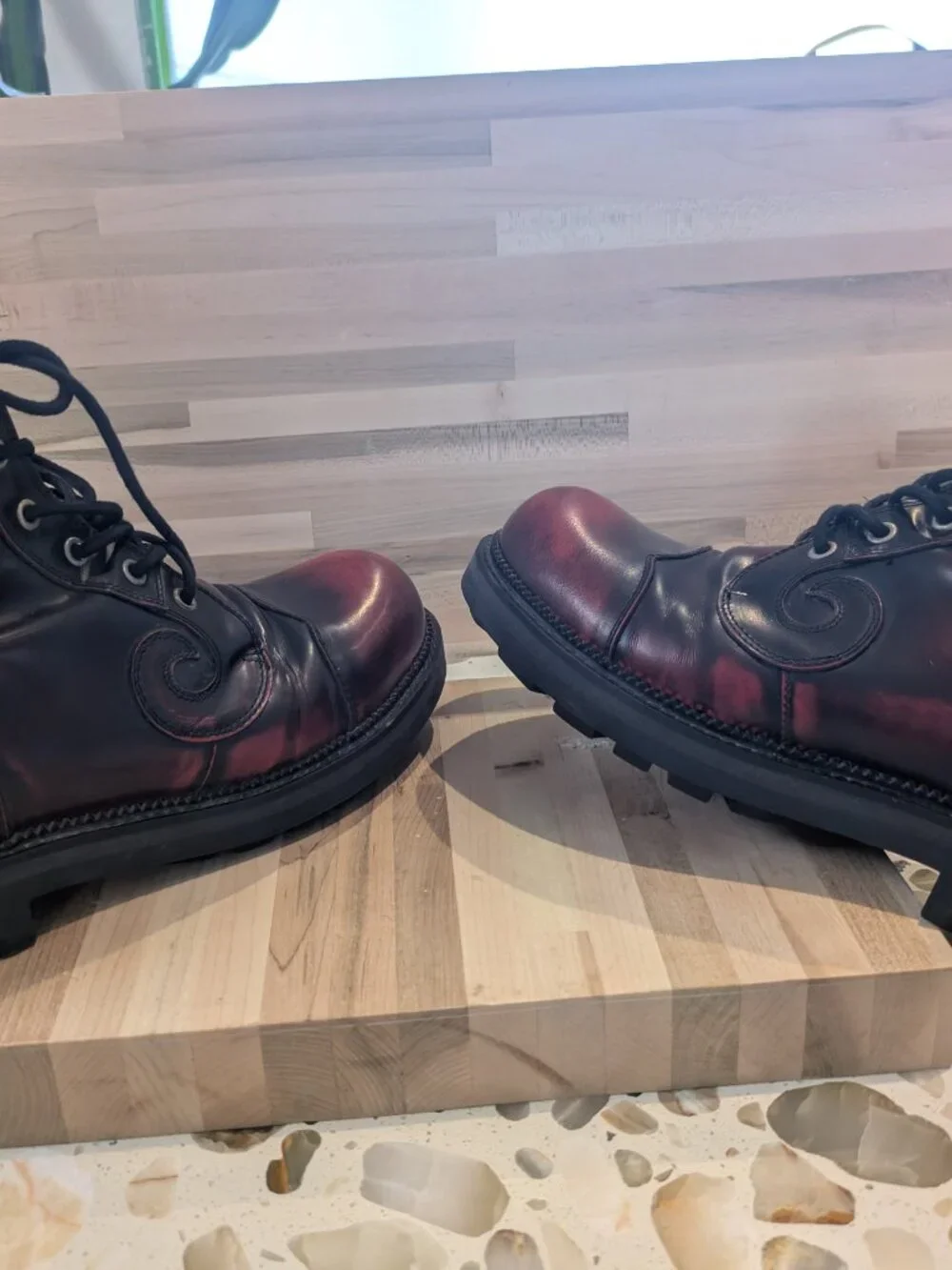 John Fluevog Derby Swirl 6-Eye Boots - Burgundy Rub-Off - Men's 10.5 Womens 12.5